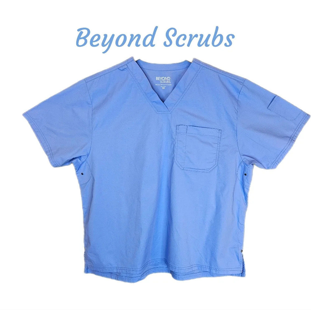 Beyond Scrubs Womens Sz 2X Blue Cotton Blend Air Vents Under Arms Pocket Medical